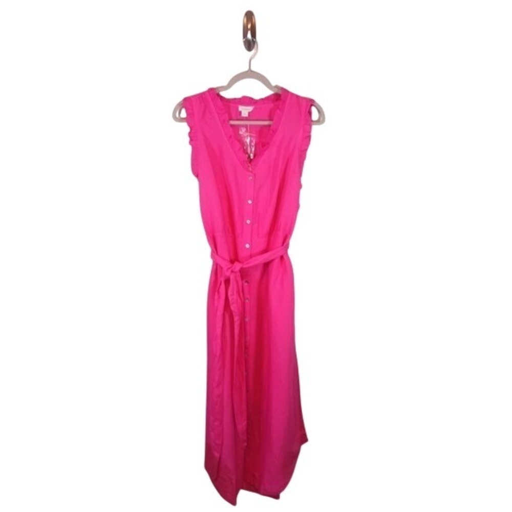 Sundance NWT Pink Linen Blend Maxi Dress Large Ruffle V Neck Belted Pockets